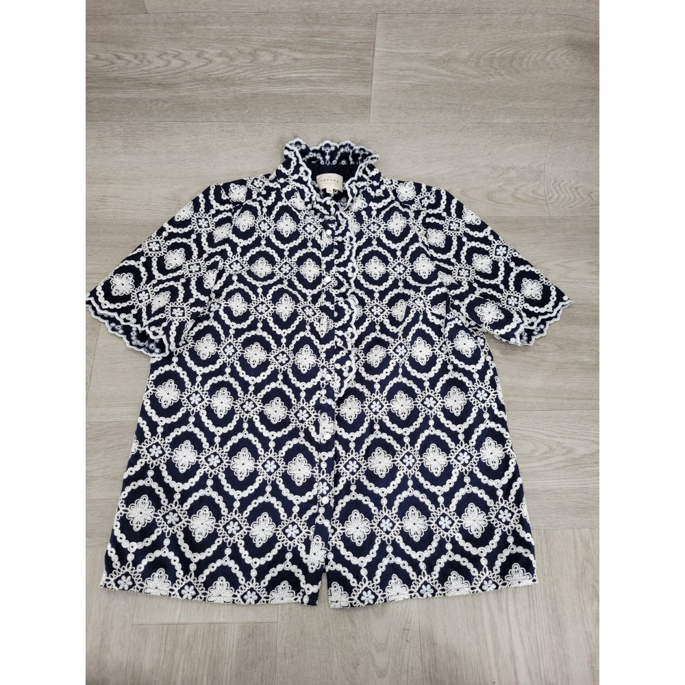 Sézane Dahlia Blouse Women's US 8 EU 40 Marine Blue Ecru Embroidered Top